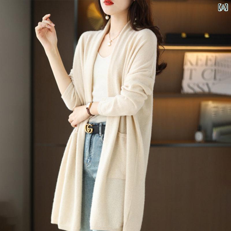 ニット レディース カーディガン おしゃれ カジュアル 大きいサイズ 秋冬 Vネック ミドル丈 ゆったり 羽織 ショール ウール キャメル ブラック カーキ