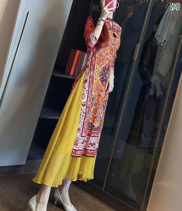 アオザイ チャイナドレス レディース ベトナム 春秋 中国風 日常 7分袖 低スリット エスニック イエロー