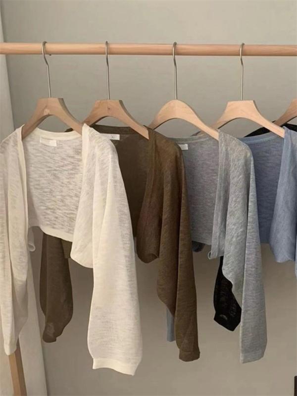 カーディガン レディース 羽織 ニット 日焼け止め 薄手 春 シンプル ショート 韓国 ブラウン ベージュ ホワイト