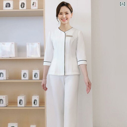 エステ ユニフォーム サロン クリニック 制服 春夏 七分袖 トップス レディース パンツ Vネック ホワイト ブルー ブラック エステ ユニフォーム サロン クリニック 制服 春夏 七分袖 トップス レディース パンツ Vネック ホワイト ブルー ブラック