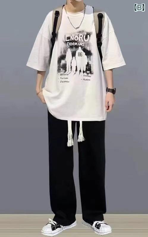 セットアップ メンズ 上下セット 春夏 コットン 半袖 tシャツ 長ズボン スポーツ 韓国 カジュアル ロゴ 大きいサイズ ブラック ホワイト