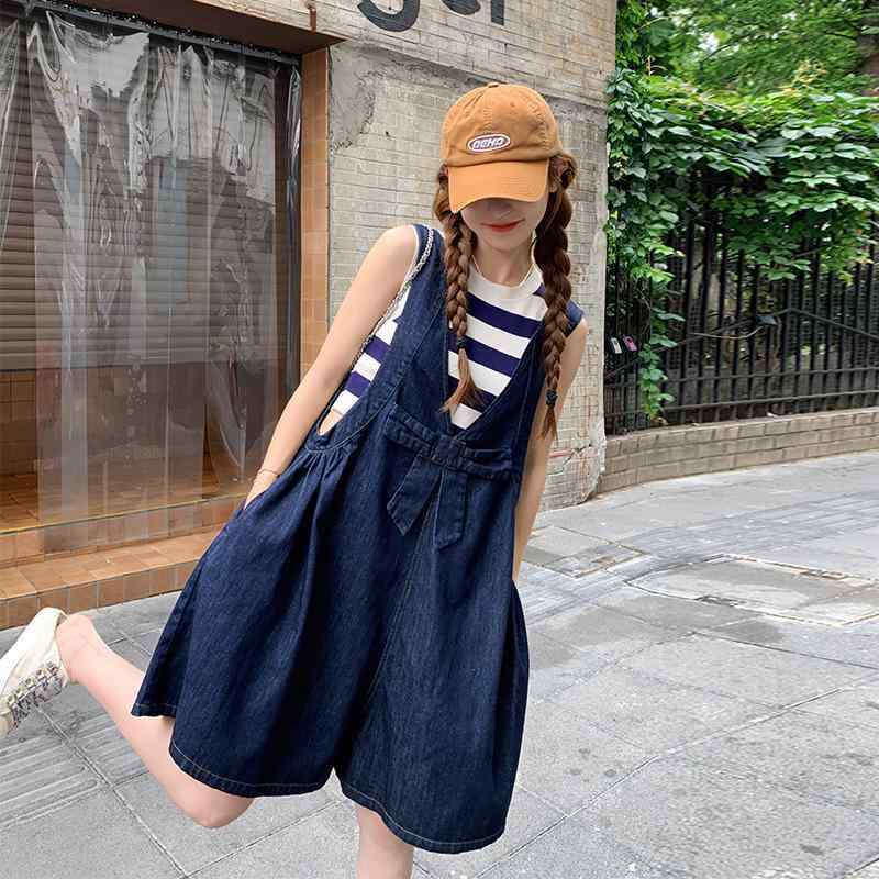 サロペット ショート丈 パンツ レディース オーバーオール つなぎ 韓国 リボン デニムショーツ サスペンダー丈 夏 紺