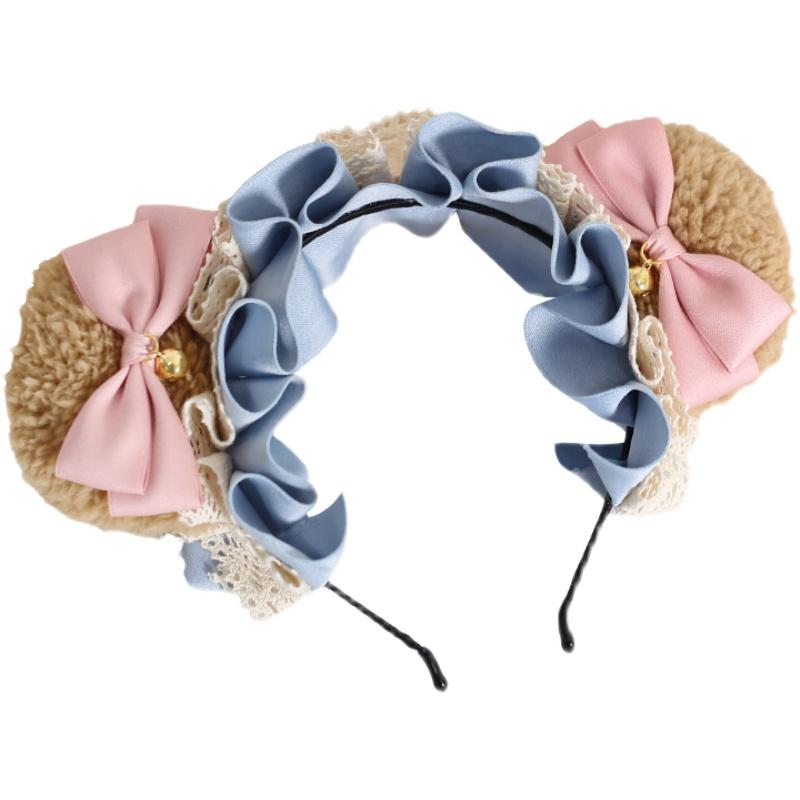 ロリータ ヘッドドレス ヘアバンド カチューシャ クマ 耳 マカロン レース アクセサリー ブルー ピンク..