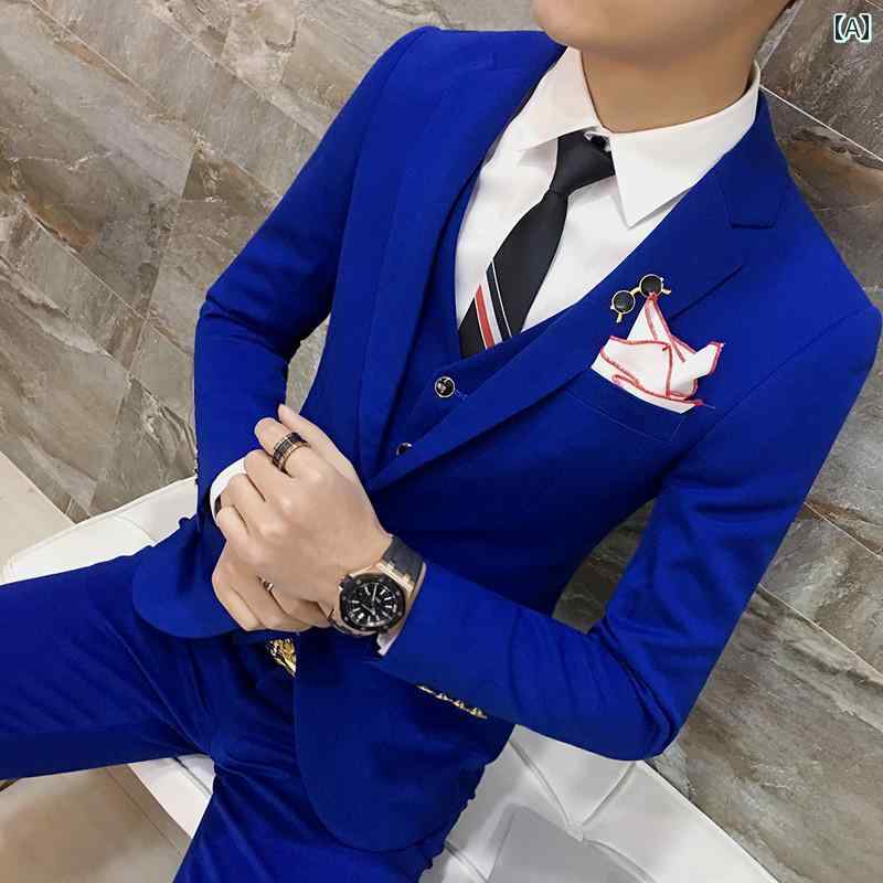 メンズ スーツ おしゃれ 紳士服 ジャケット 秋冬 スリム カジュアル 韓国 結婚式 フォーマル ブルー オレンジ グレー