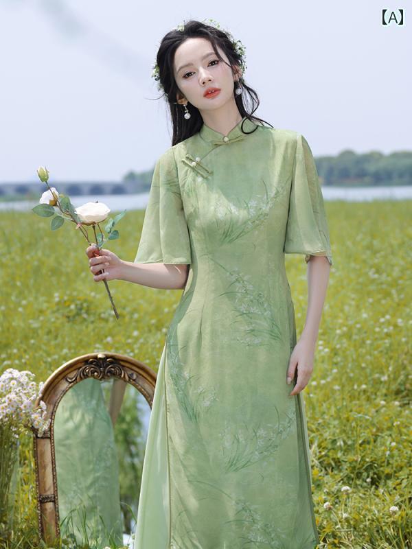アオザイ チャイナドレス 春夏 中国風 レディース ワンピース フレッシュ エレガント レトロ ヤング グリーン ピンク