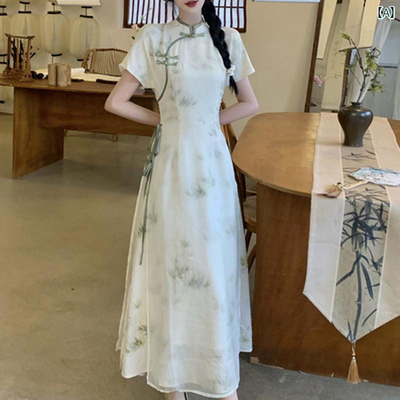 アオザイ チャイナドレス 春夏 中国風 レディース ワンピース デイリー 大きいサイズ 優しい グリーン