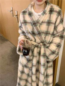 バスローブ メンズ レディース ルームウェア チェック おしゃれ もこもこ 韓国 大きいサイズ ガウン 秋冬 厚手 ロング ベルト パジャマ