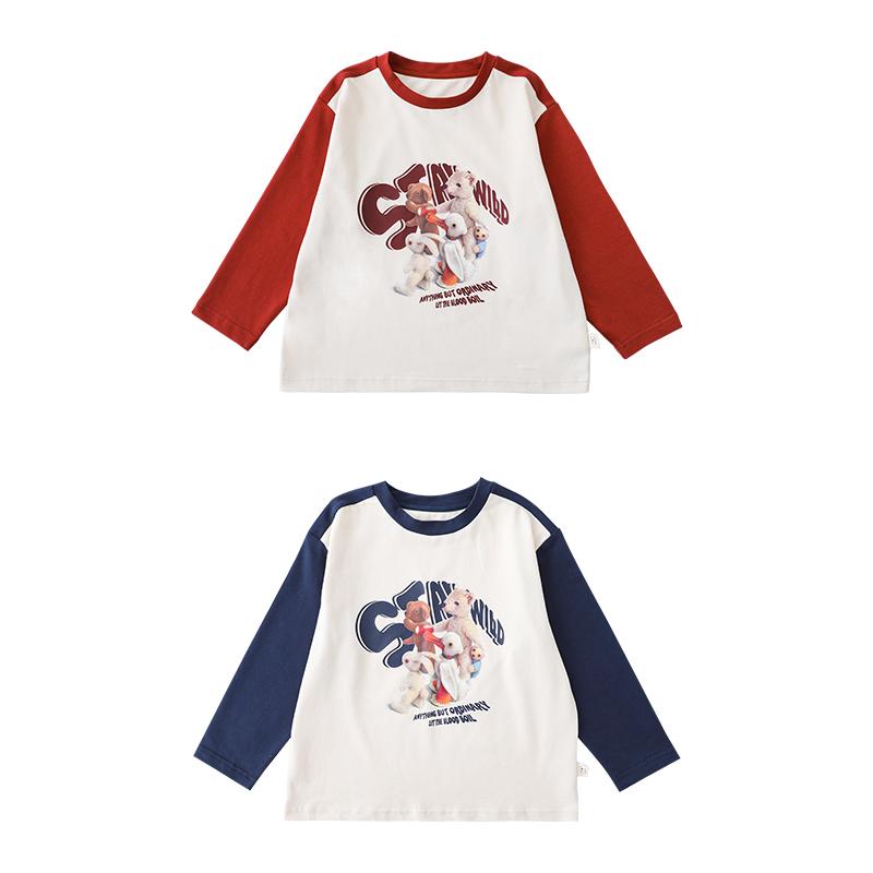 tシャツ キッズ 子供服 男の子 ロンT ラウンドネック 長袖 春秋 レトロ ラグランスリーブ トップス レッド ブルー 韓国