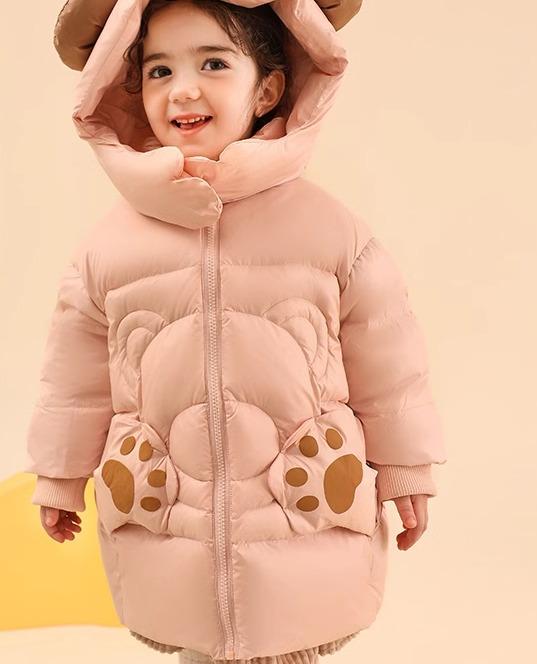 ダウンジャケット キッズ コート 子供服 アウター かわいい 秋冬 男の子 女の子 プリント クマ フード 耳 ピンク