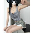 スパンコール キャミソール レディース トップス キラキラ パーティー ダンス ハードウェア ガール セクシー サスペンダー スリム ベスト グレー ブラック