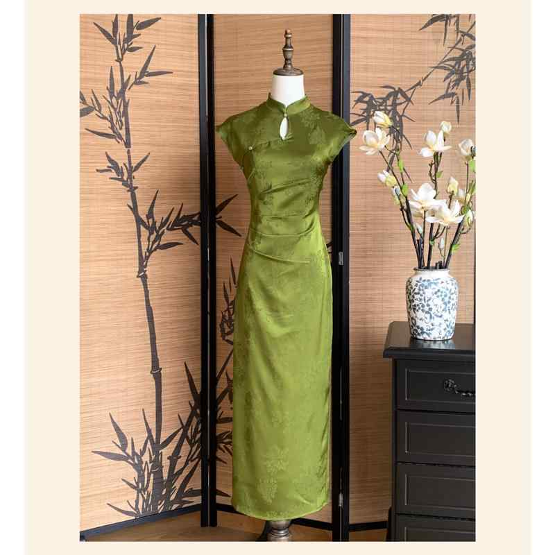 チャイナドレス 中国風 レディース ワンピース ジャカード 美白 レトロ 若い グリーン