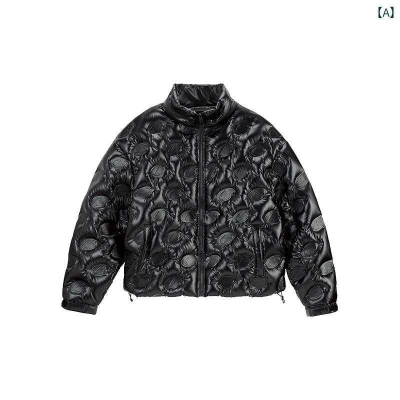 ダウン ジャケット メンズ ショート アメリカン アウター カジュアル エンボス 光沢 厚手 暖かい ブラック