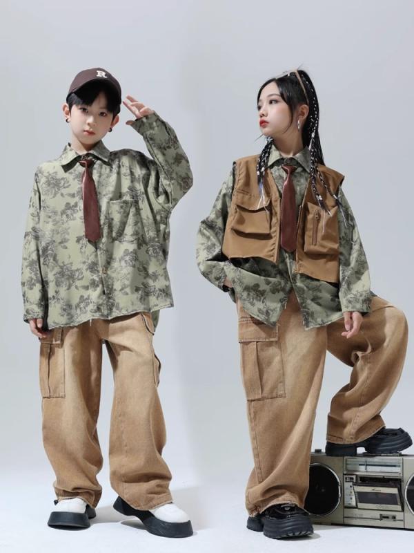 キッズ ストリート ダンス セットアップ 衣装 子供 ジュニア ヒップホップ カジュアル ボタニカル柄 グ..
