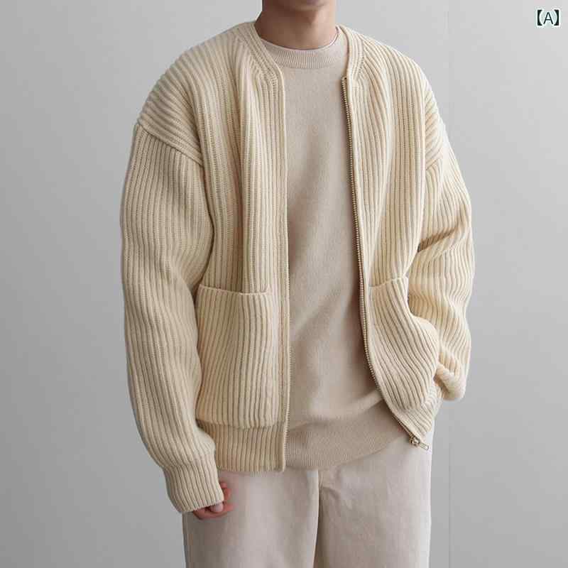 ニット メンズ カーディガン ゆったり カジュアル 秋冬 韓国 厚手 無地 ラウンドネック セーター イエロー グレー ブラック ジッパー ジップアップ