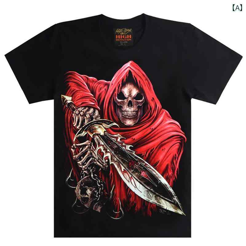 tシャツ 光る トップス メンズ スカル プリント コットン カジュアル ファッション ラウンドネック レッドのサムネイル