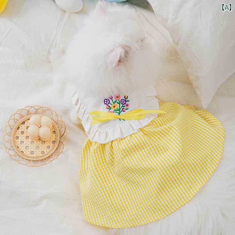 犬服 ドレス ワンピース ドッグウェア かわいい おしゃれ ペット 夏 刺繍 通気性 イエロー グリーン ピ..