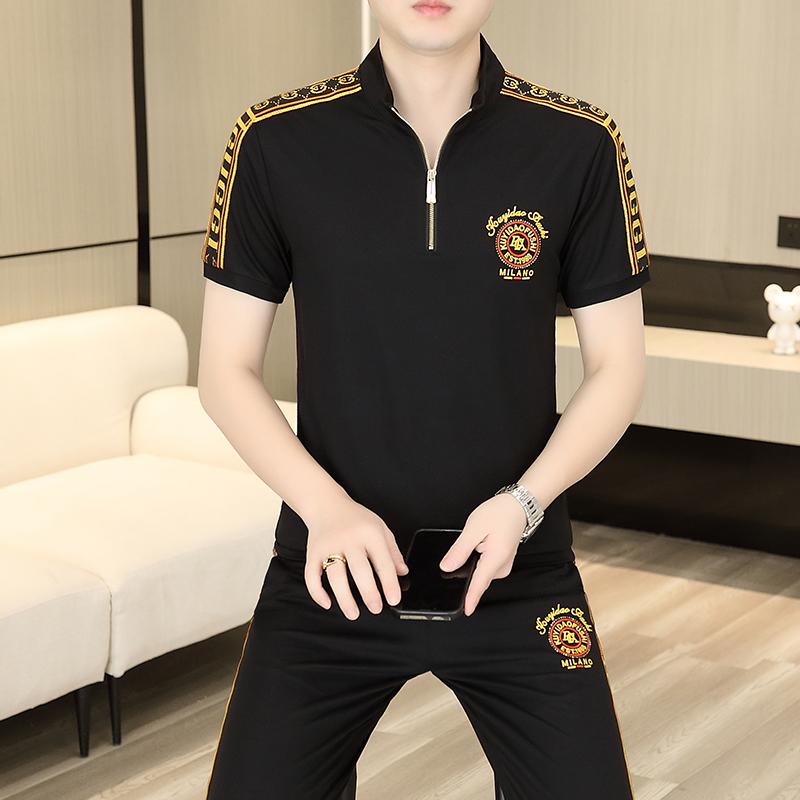 セットアップ メンズ 上下 ジャージ 刺繍 ジッパー 半袖 Tシャツ カジュアル スポーツ ブラック ホワイト