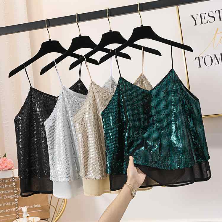 スパンコール キャミソール レディース トップス キラキラ パーティー ダンス 光沢 セクシー 韓国 インナーウェア 夏 ブラック シルバー