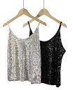 スパンコール キャミソール レディース トップス キラキラ パーティー ダンス バンケット アウター ベスト シルバー ブラック