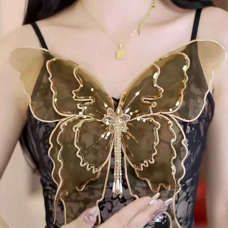 スパンコール キャミソール レディース トップス パーティー ダンス 頑丈 ビーズ 胸パッド 美しい バック インナー 蝶 刺繍 ベージュ