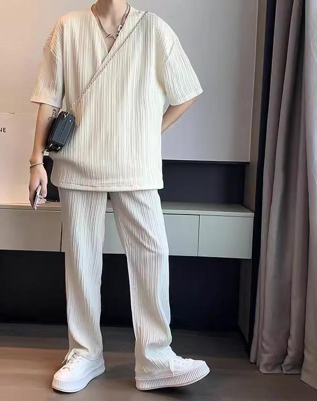 セットアップ メンズ 上下 大きいサイズ カジュアル スポーツ Vネック Tシャツ エレガント ホワイト ブラック