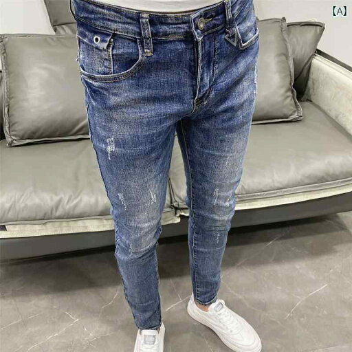 デニムパンツ メンズ ジーンズ ジーパン ダメージ クラッシュ ウォッシュド スキニー クロップド 夏 ストリート カジュアル ブルー デニムパンツ メンズ ジーンズ ジーパン ダメージ クラッシュ ウォッシュド スキニー クロップド 夏 ストリート カジュアル ブルー