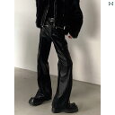 レザー パンツ メンズ ズボン カジュアル おしゃれ パンク ハイウエスト ストレート マイクロフレア ブラック