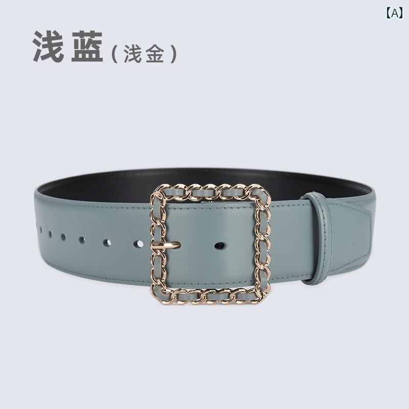 ベルト レディース 太 ウエストマーク おしゃれ 革 ワイド バンド 牛 スクエアバックル ファッション ドレス スーツ コート ブルー カーキ ベージュ