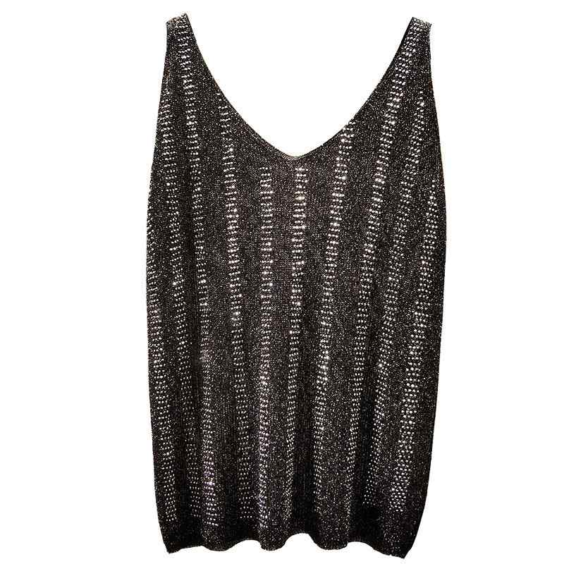 スパンコール キャミソール レディース トップス キラキラ パーティー ダンス スリム Vネック ノースリーブ アウター ホワイト グレー ブラック