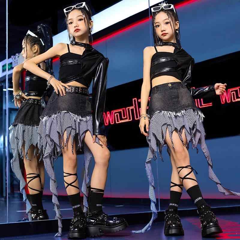 キッズ 女の子 ストリート ダンス セットアップ ジャズ サスペンダー ステージ ファッション 発表会 黒 衣装