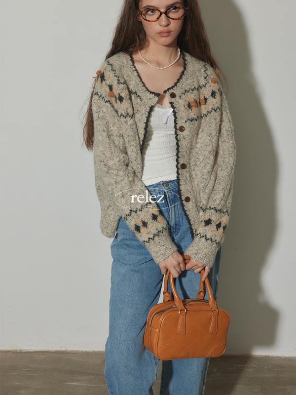 カーディガン レディース 秋 ラウンドネック 長袖 ニット アウター 上着 羽織り ナイロン ウール グレー