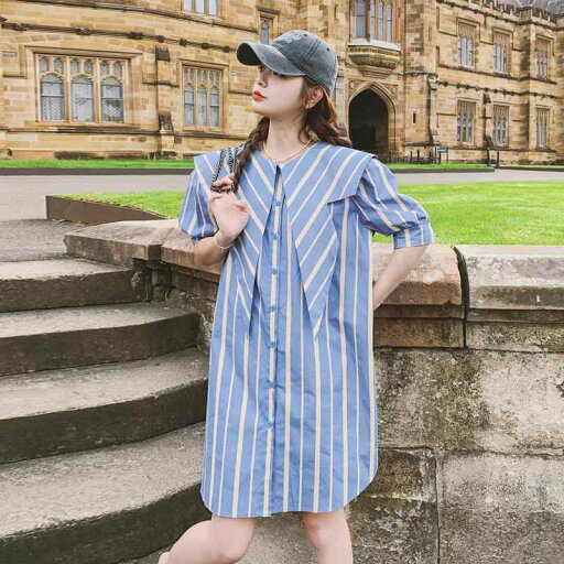 マリーンドレス 海軍 ネイビー風 セーラー服 カラーストライプ レディース 夏 韓国 ファッション シャツ ブルー マリーンドレス 海軍 ネイビー風 セーラー服 カラーストライプ レディース 夏 韓国 ファッション シャツ ブルー