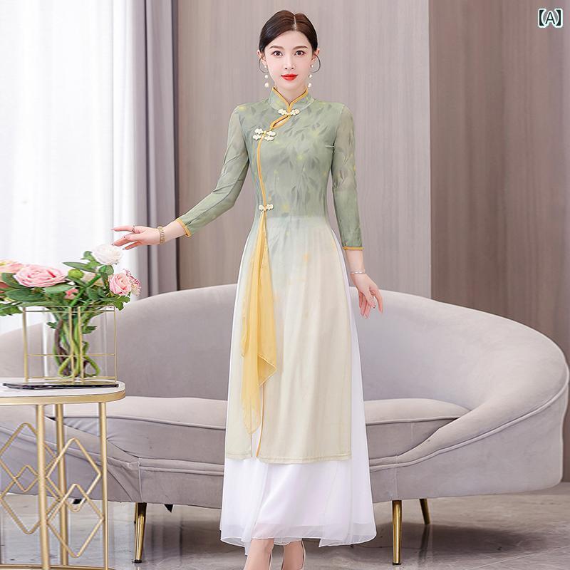 アオザイ チャイナドレス レディース 中国風 漢服 健康 技術者 作業 ダンス パフォーマンス グリーン ..