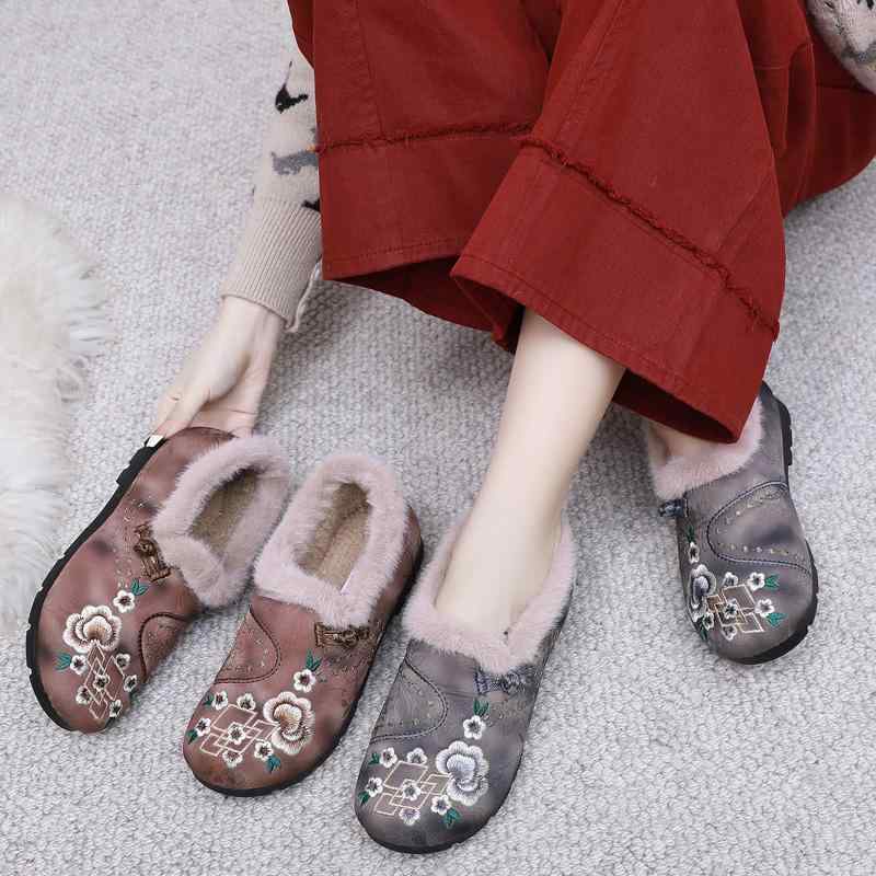 コンフォートシューズ レディース 婦人靴 ミセス 冬 裏起毛 暖かく レトロ 中国風 刺繍 花 グレー