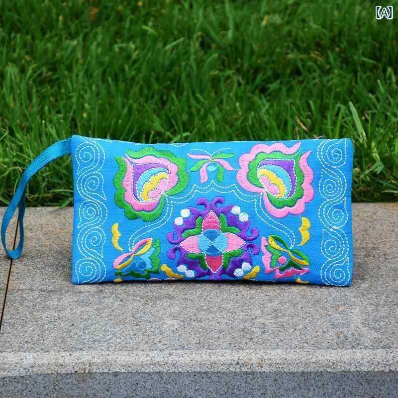 刺繍 長財布 レディース エスニック キャンバス 小銭入れ クラッチバッグ レトロ ジッパー ブルー オレンジ レッド