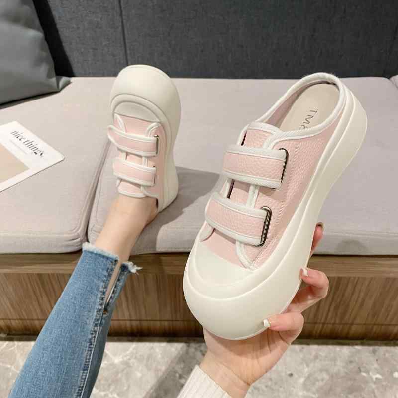 スニーカー かかとなし シューズ レディース 革 レザー スリッパ 夏 厚底 スリッポン ホワイト ピンク