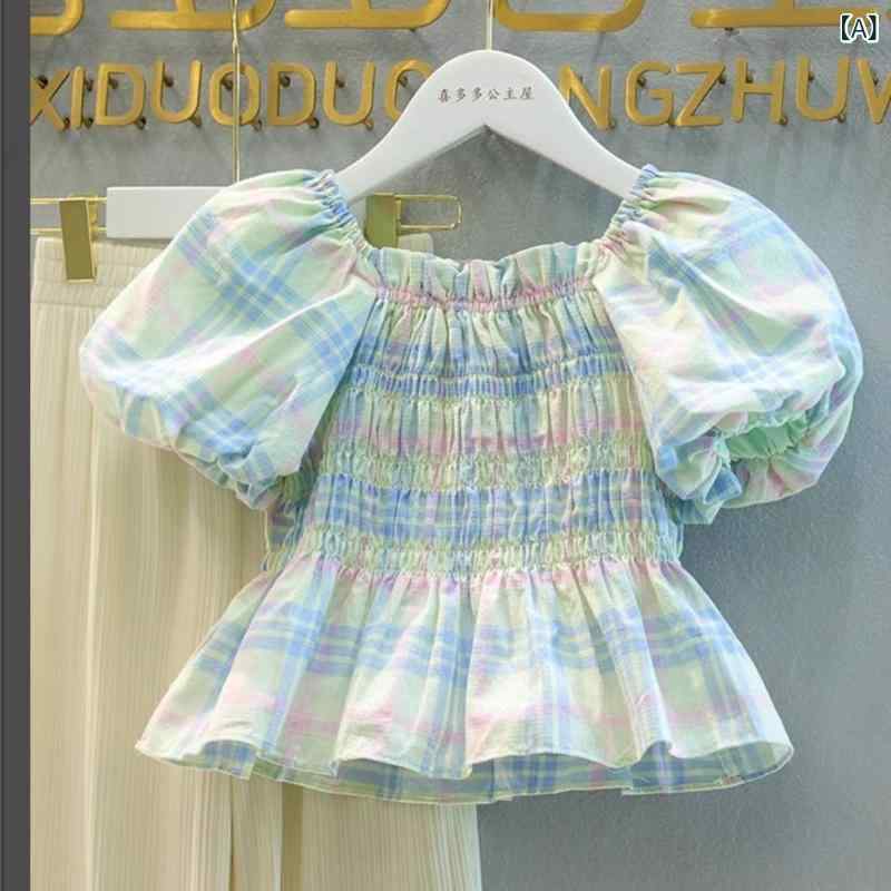 セットアップ キッズ 女の子 夏 半袖 パフスリーブ フリル襟 レース ブラウス ブルー チェック柄 デニム ショートパンツ 2点セット