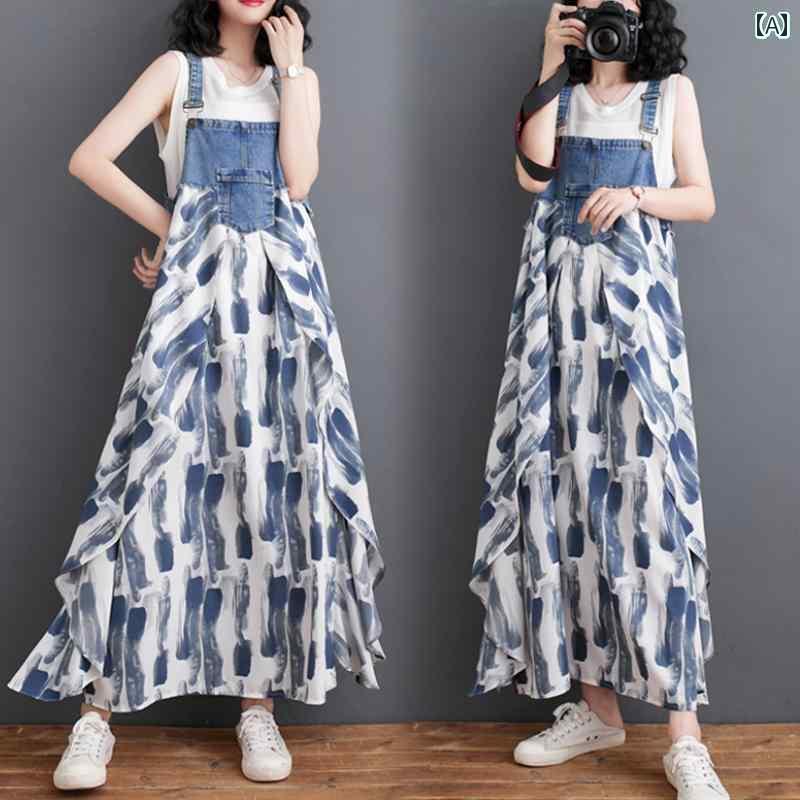 ワンピース スカート Aライン レディース 夏 薄手 ロングスカート 韓国 シフォン セット デニム オーバーオール スイング ドレス 青 黒 水玉