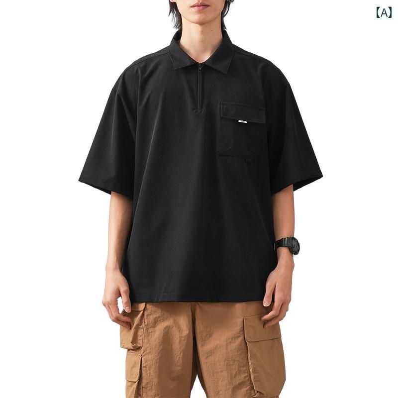 ポロシャツ メンズ 半袖 トップス 涼しい ハーフジップ トップス 夏 速乾 ブラック グレー キャメル