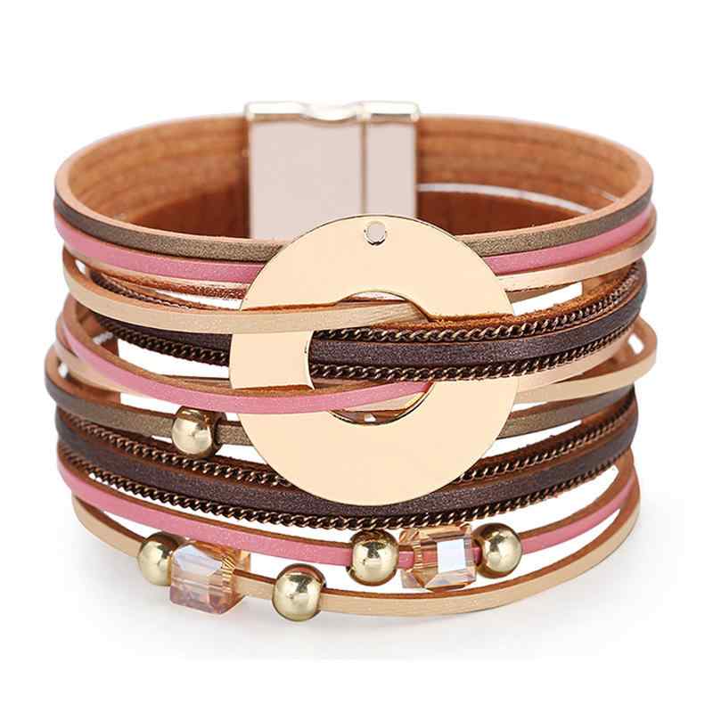 ブレスレット レディース ボヘミアン エスニック 多層 幅広 本革 レザー クリスタル ラインストーン 幾何学模様 マグネットクラスプ 黒 グレー ピンク