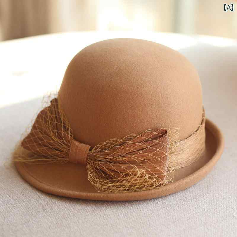 ハット チュール 帽子 レディース おしゃれ レトロ 秋冬 ウール リボン メッシュ ファッション キャメル ホワイト ブラック(4)