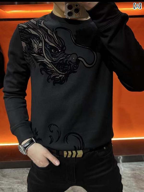 スウェット トレーナー メンズ 刺繍 ドラゴン 龍 プルオーバー トップス カジュアル 長袖 紳士服 中国..