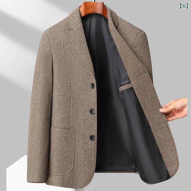 ジャケット メンズ 秋冬 ヘリンボーン ウール スーツジャケット フラット カジュアル スリー シングルブレスト グレー カーキ