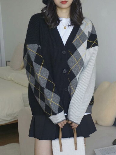 カーディガン レディース 春秋冬 Vネック 長袖 ニット ゆったり アウター 厚手 ネイビー 菱形 カーディガン レディース 春秋冬 Vネック 長袖 ニット ゆったり アウター 厚手 ネイビー 菱形