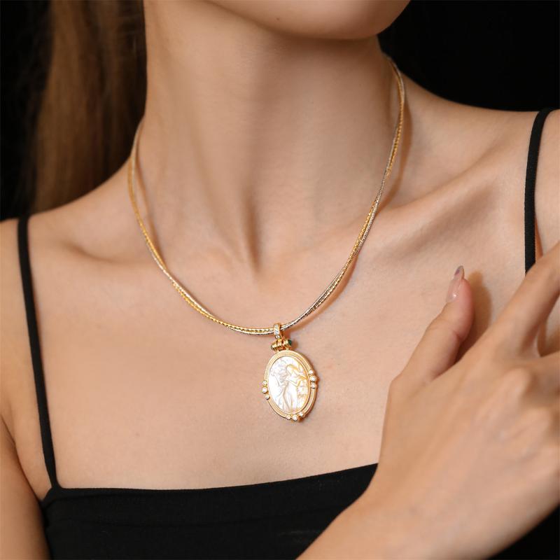 ネックレス S925シルバー イタリア精工 カメオ ペンダントトップ 金銀 2連 ダブルチェーン チョーカー 欧米風 個性的 ユニーク 上品なデザイン