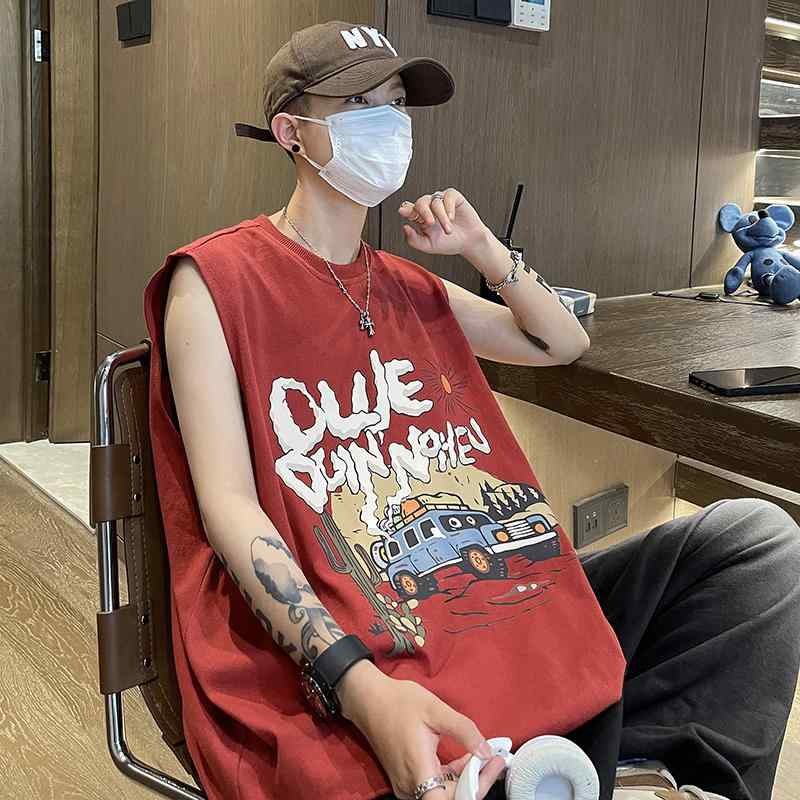 タンクトップ メンズ レディース ノースリーブ トップス おしゃれ 大きいサイズ アメリカン プリント 夏 T シャツ ゆったり レッド ブラック