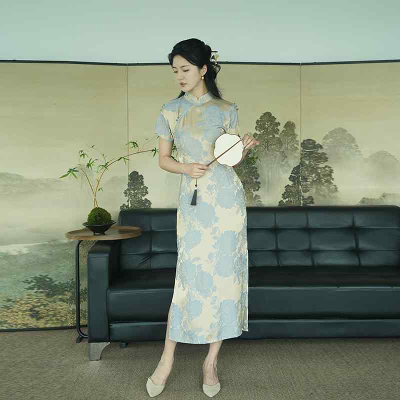 チャイナドレス 中国風 レディース ワンピース スタンドカラー 牡丹 ジャガード ブルー