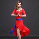 ベリーダンス 衣装 ドレス ワンピース 練習着 レディース 社交ダンス ラテン スカート パフォーマンス ベルト ピンク レッド