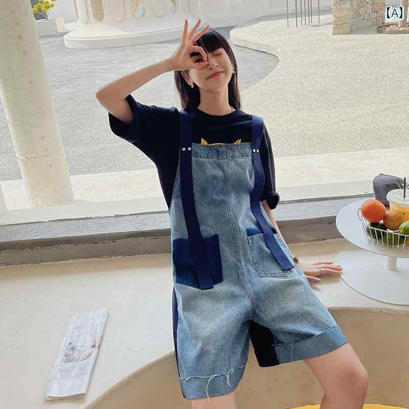サロペット ショート丈 パンツ レディース オーバーオール つなぎ デニム ショーツ 夏 小柄 ハイウエスト スリム ワイドレッグ 水色