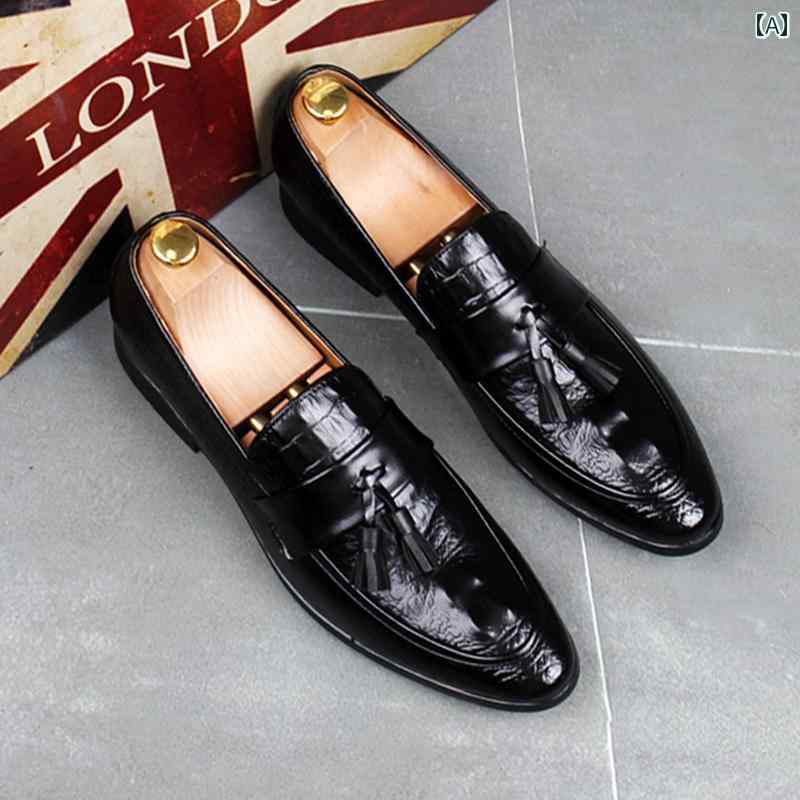 ローファー メンズ 紳士靴 シューズ フリンジ タッセル おしゃれ ワニ クロコ柄 ポインテッドトゥ 革靴 カジュアル フォーマル 韓国 スリッポン ブラック ブラウン